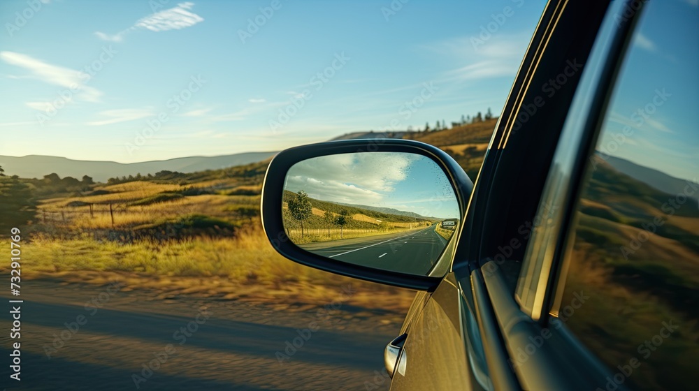 The car mirror reflects the beautiful scenery as the driver cruises down the open road, backlight photography, - obrazy, fototapety, plakaty 