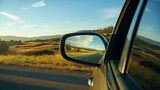 The car mirror reflects the beautiful scenery as the driver cruises down the open road, backlight photography,