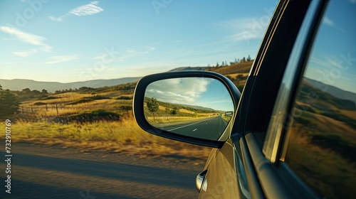 The car mirror reflects the beautiful scenery as the driver cruises down the open road, backlight photography,