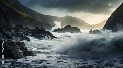 A dramatic coastal landscape with crashing waves