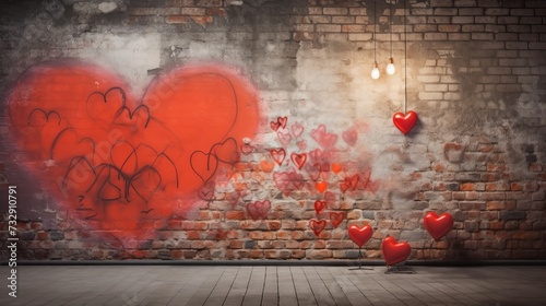 Old room with brick wall graffiti heart, valentines day background