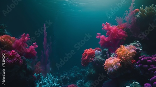 Under the deep, black water of the ocean, there is reef color and flower-shaped sea living coral.