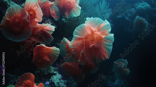 Under the deep, black water of the ocean, there is reef color and flower-shaped sea living coral. © Suleyman