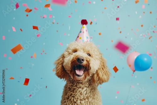 Happy cute labradoodle dog wearing a party hat celebrating a birthday party, surrounded by falling confetti on a light blue background