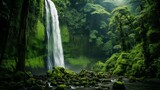 A majestic waterfall in a lush, green jungle