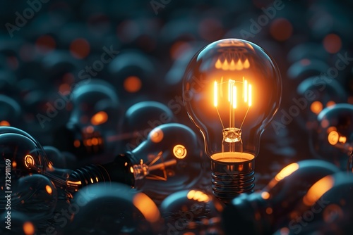 One of lightbulb glowing among shutdown light bulbs in a dark area with copy space for creative thinking.