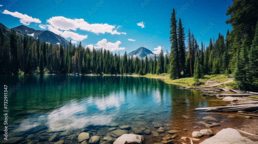A pristine alpine lake surrounded by pine trees