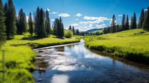 A peaceful river winding through a tranquil meadow