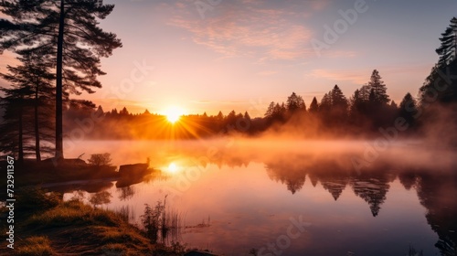 A radiant sunrise over a mist covered lake