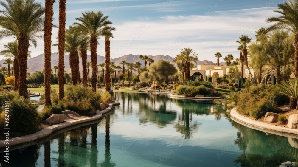 A serene desert oasis with palm trees