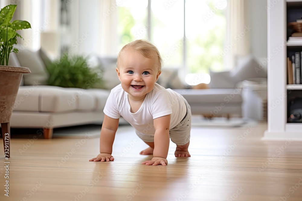 A crawling European-American baby is coming from the right side of the living room, smiling happily. A crawling European-American baby is coming from the right side of the living room, smiling happily.