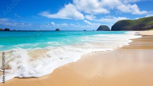 A tranquil beach scene with gentle waves lapping the shore