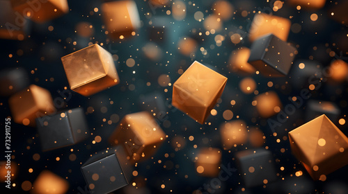 Abstract Golden Cubes Floating with Glowing Particles on Dark Background © Psykromia