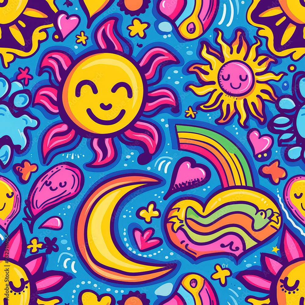 Hippie peace and love colorful cartoon doodles 1970s 1960s 60s groovy rainbow psychedelic cute abstract repeat pattern Hippie peace and love colorful cartoon doodles 1970s 1960s 60s groovy rainbow psychedelic cute abstract repeat pattern