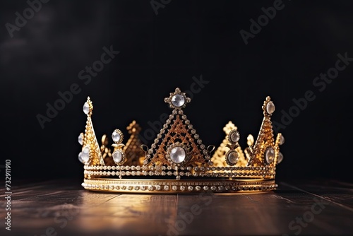 A golden crown with gems is on a dark background. Horizontal banner with a copy space for text or logo 