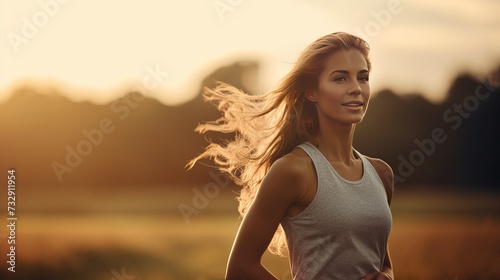 Sportswoman stretching arms and relaxing in a field after sport
