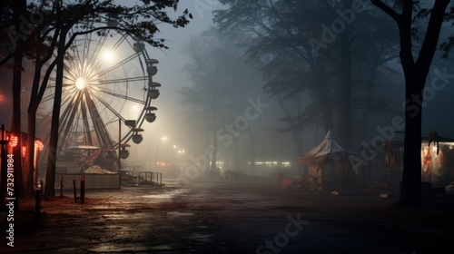 Abandoned carnival grounds with a foggy atmosphere and moonlight © Cloudyew