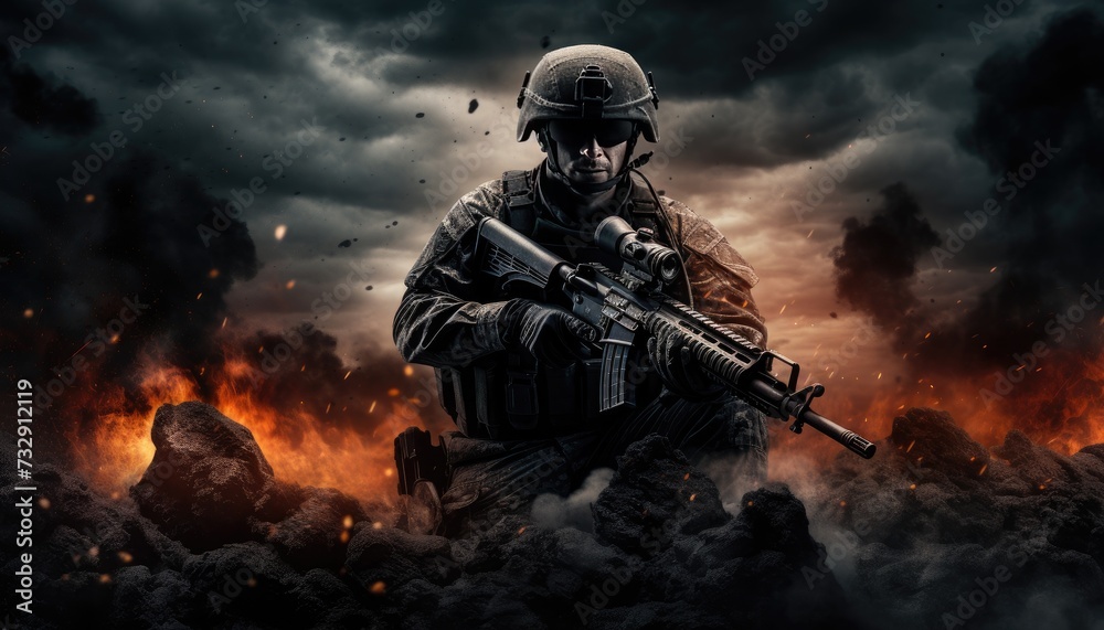 Soldier in a dark and dramatic scene with rifles and explosions hd wallpaper