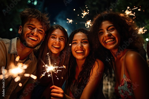 A group of young adults celebrating with sparklers on the Fourth of July 