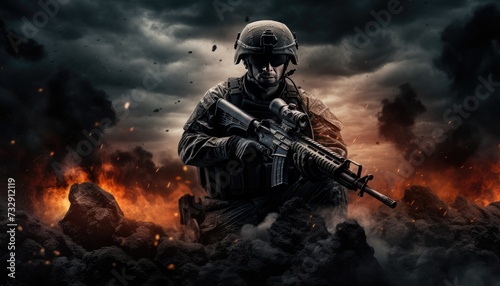 Soldier in a dark and dramatic scene with rifles and explosions hd wallpaper © msroster