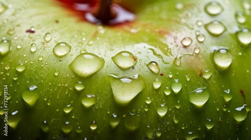 Fresh green apple with water droplets glistening on its surface