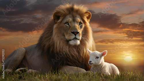 Jesus Christ  Lamb of Sacrifice  Lion of Triumph. The duality of Jesus. Lion and lamb in the meadow at sunset. Animal portrait