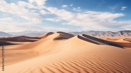 Sand dunes in the desert with mountains in the background