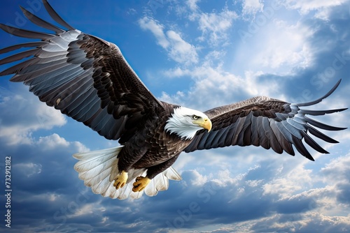 A majestic bald eagle  soaring between the blue sky and white clouds  beauty light  knitted style 