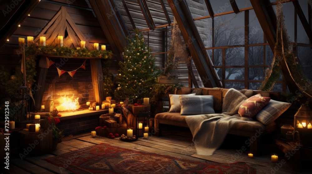 Cozy yuletide setting with warm lights and rustic elements