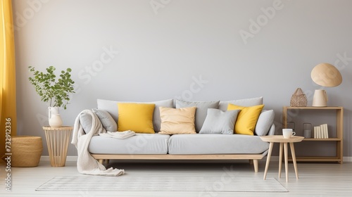 The stylish boho compostion at living room interior with design gray sofa, wooden coffee table, commode and elegant personal accessories. Honey yellow pillow and plaid. Cozy apartment. Home