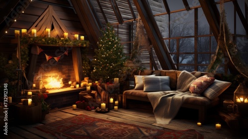 Cozy yuletide setting with warm lights and rustic elements © Cloudyew