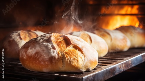 Freshly baked bread with a golden crust and steam rising