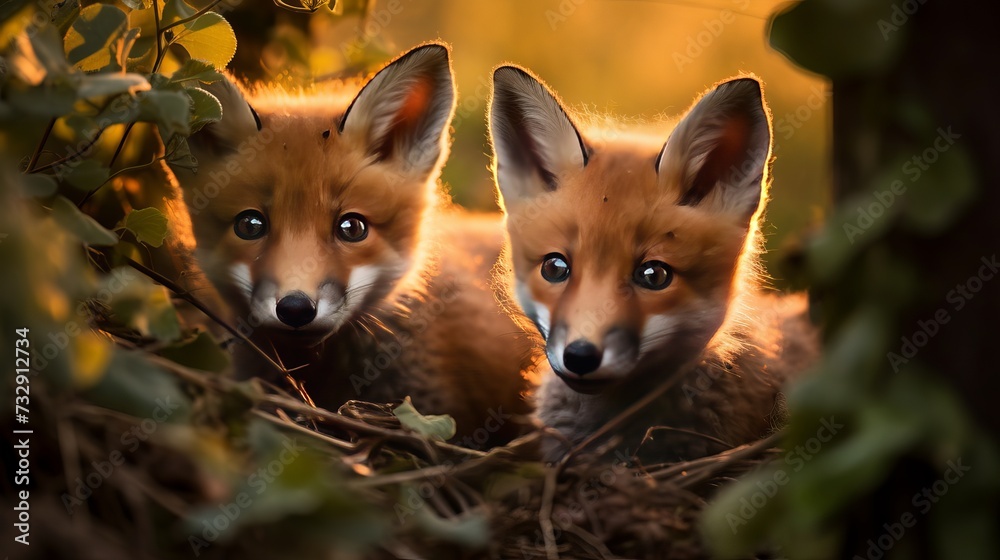 Two red fox cubs play in a dry pebbly clearing at the edge of a dense shrubbery in the soft glow of dusk Two red fox cubs play in a dry pebbly clearing at the edge of a dense shrubbery in the soft glow of dusk