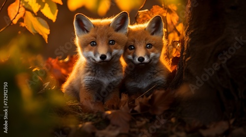 Two red fox cubs play in a dry pebbly clearing at the edge of a dense shrubbery in the soft glow of dusk
