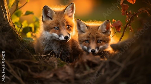 Two red fox cubs play in a dry pebbly clearing at the edge of a dense shrubbery in the soft glow of dusk