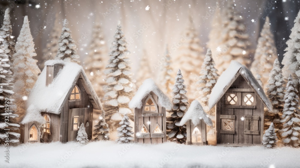 Rustic christmas winter scene with wooden decorations and snow