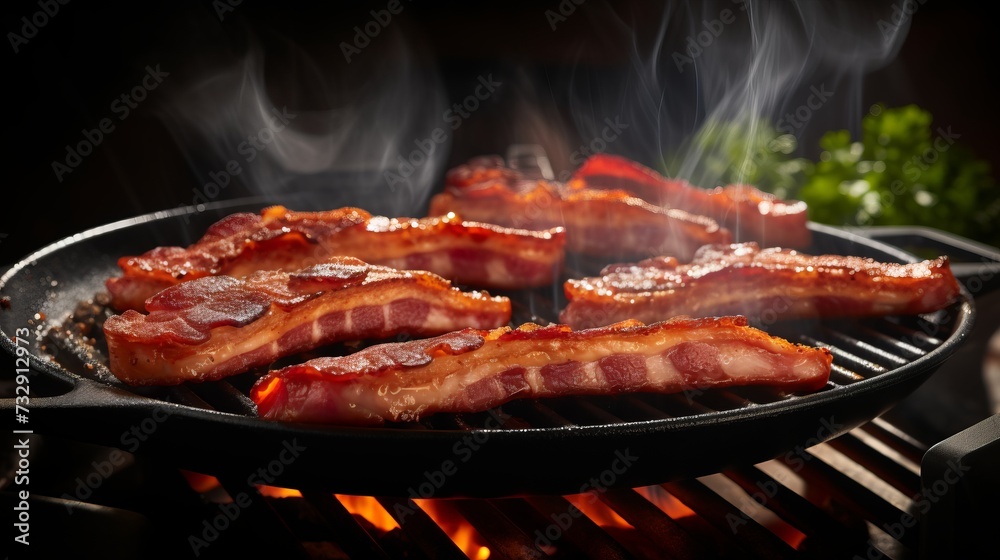 Sizzling bacon slices taking flight from the pan Sizzling bacon slices taking flight from the pan
