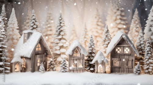 Rustic christmas winter scene with wooden decorations and snow © Cloudyew