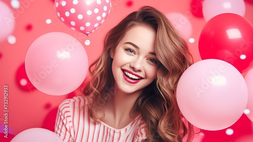 Valentine Beauty girl with red and pink air balloons laughing, on pink polka dots background. Beautiful Happy Young woman. holiday party. Joyful model posing, having fun, celebrating 