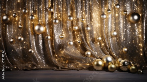 Shimmering gold ornaments on a luxurious christmas backdrop