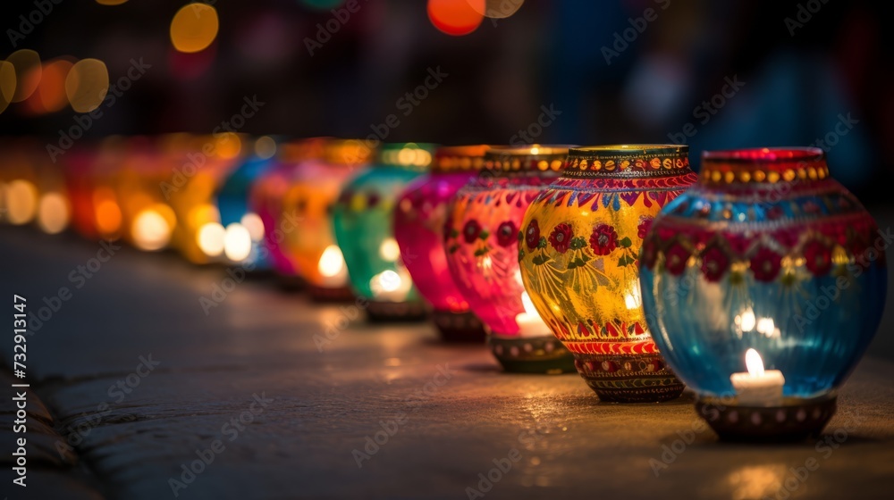 Colorful diwali lamps lit in a row