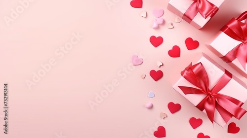 Valentines day flat lay composition with red ribbon, gifts, confetti on pink background. Suitable for vertical banner, flyer, brochure, stories on social media © Elchin Abilov