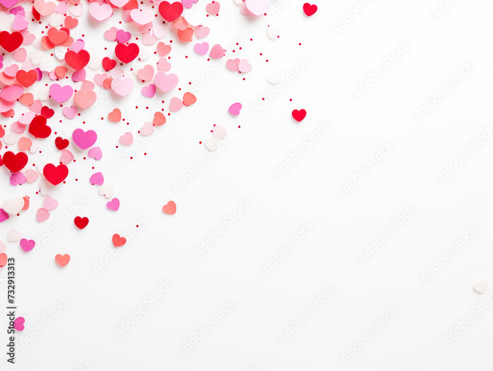 confetti on fence white background. Valentines day background. Flat lay, top view