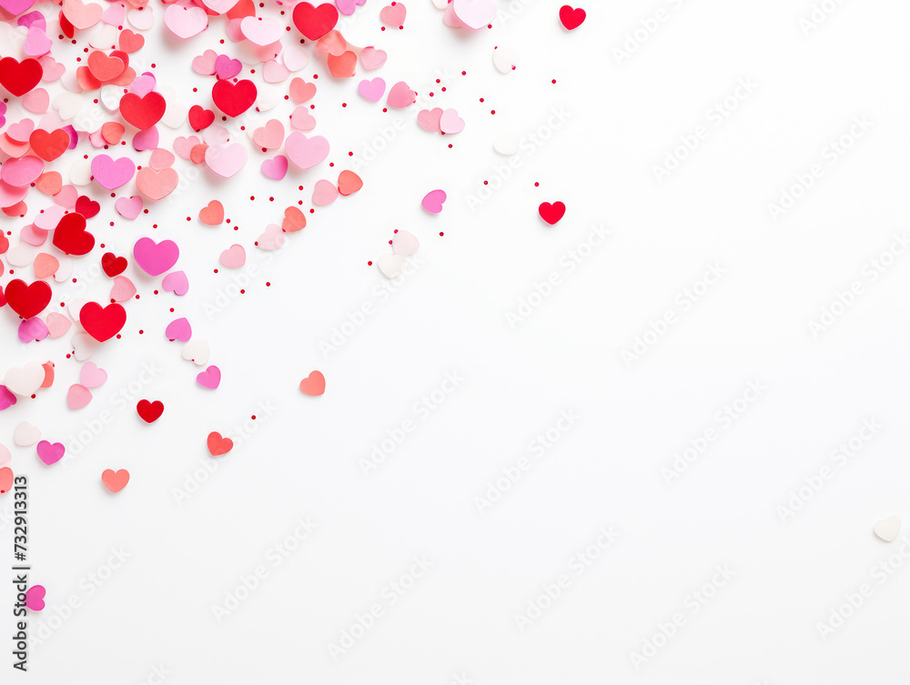 confetti on fence white background. Valentines day background. Flat lay, top view confetti on fence white background. Valentines day background. Flat lay, top view