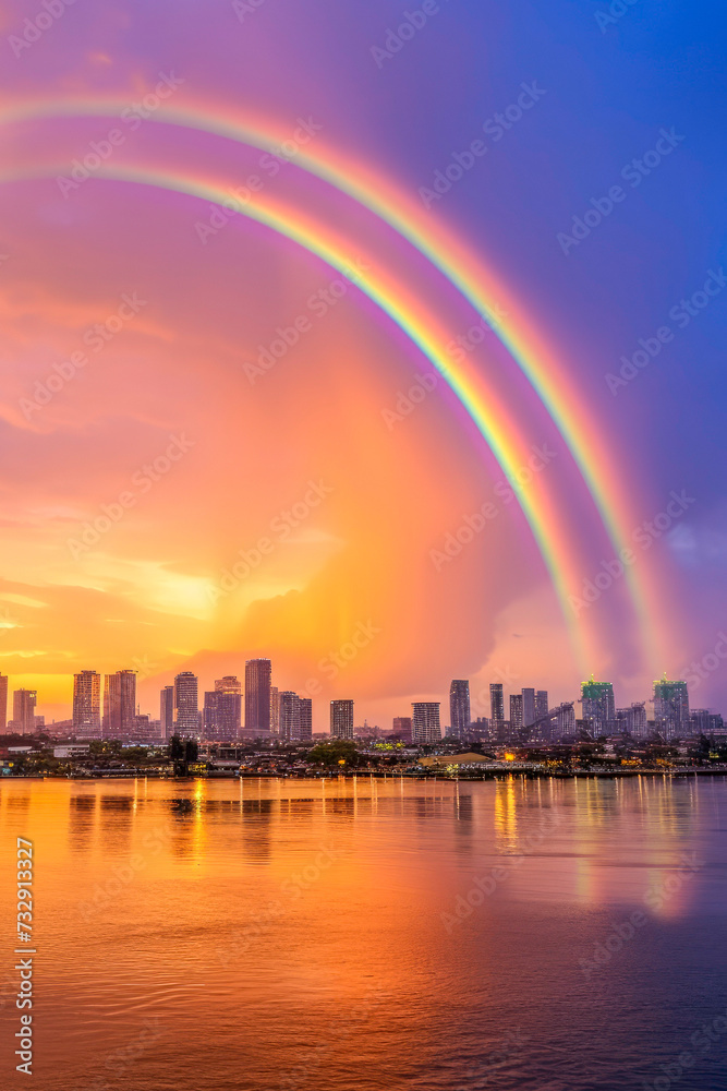 Double rainbows on sky background is bangkok , romantic scene , fullfill love