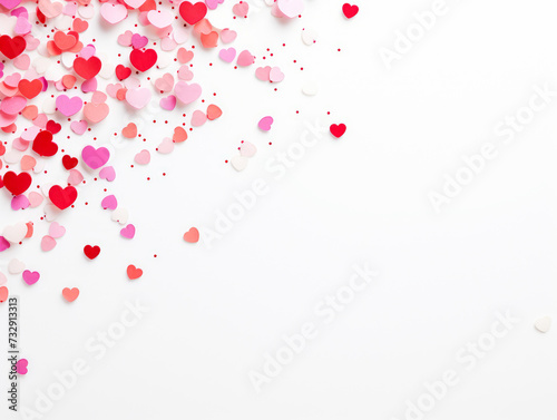 confetti on fence white background. Valentines day background. Flat lay, top view