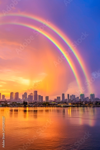Double rainbows on sky background is bangkok , romantic scene , fullfill love © jitchanamont