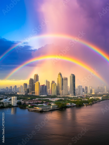 Double rainbows on sky background is bangkok , romantic scene , fullfill love © jitchanamont