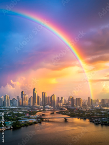 Double rainbows on sky background is bangkok , romantic scene , fullfill love