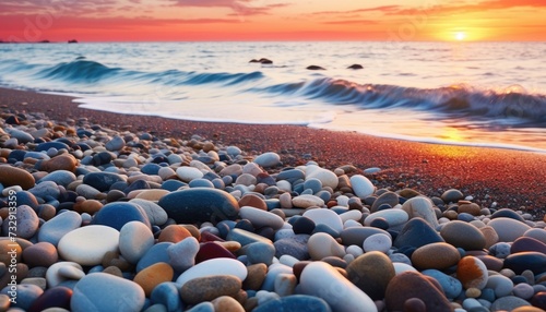 Sunset view on the beach full of pebbles